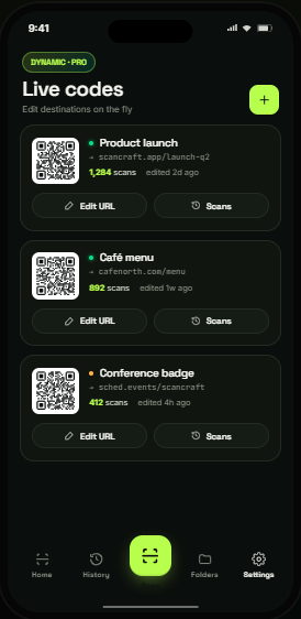 Dynamic codes editor showing live campaigns