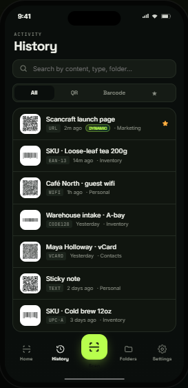 History screen with searchable scan list