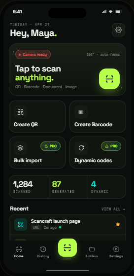 QR & Barcode Scanner home screen with quick actions