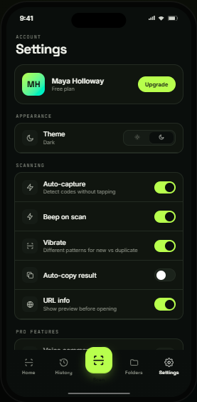 Settings screen with toggle preferences